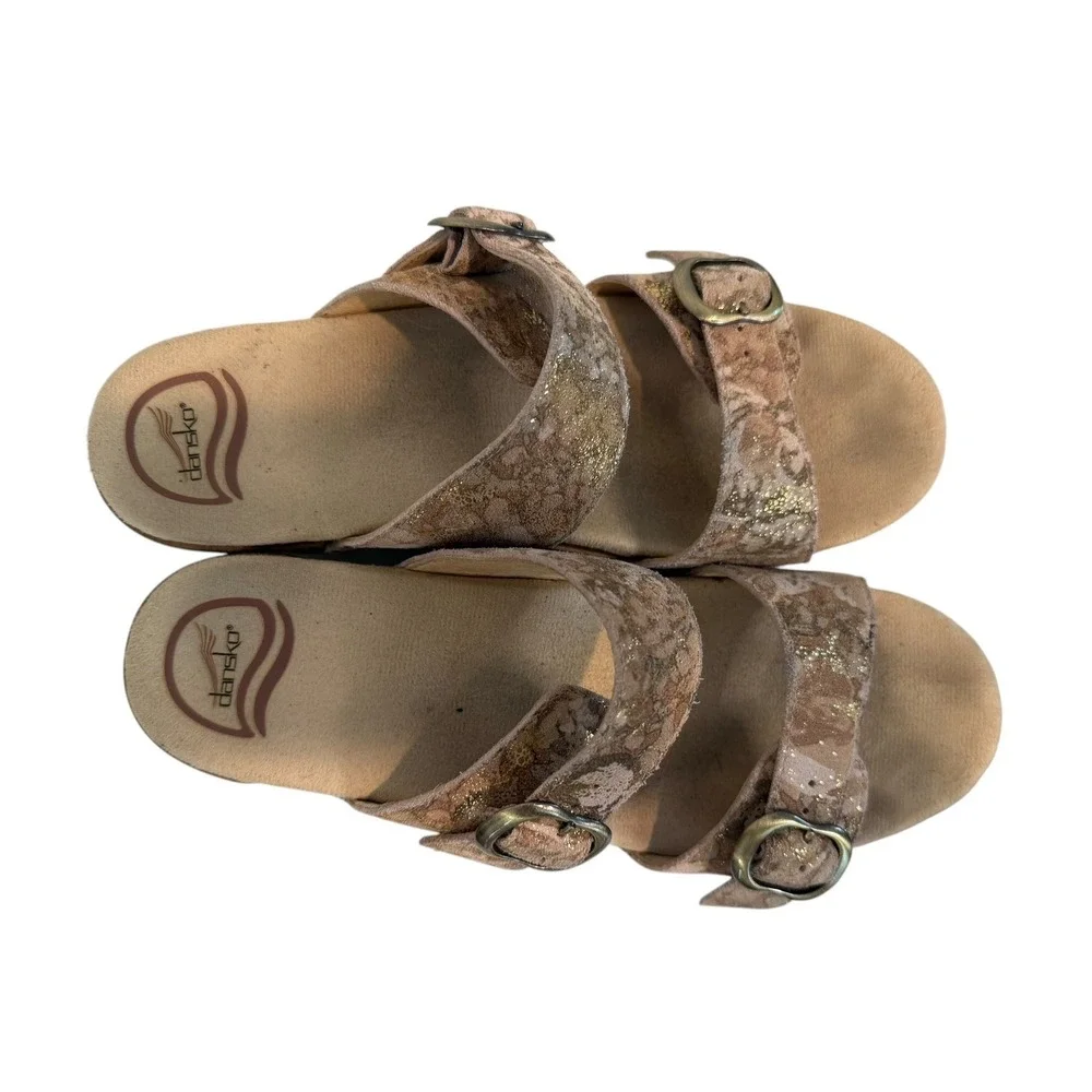 Dansko Sophie Gold Metallic Floral Leather Wedge Slide Sandals Women 39 EU 8.5-9